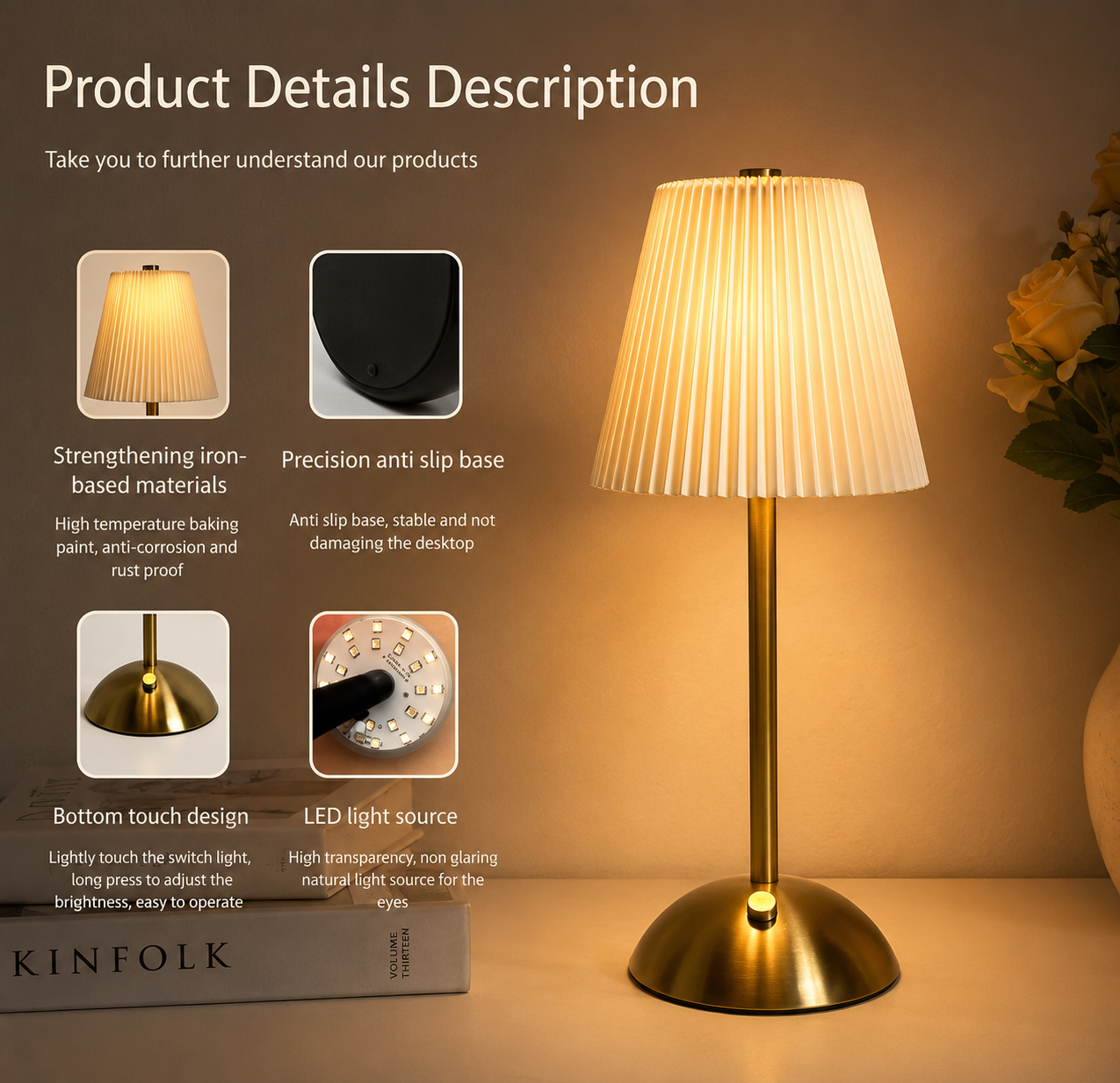 Moderne plissierte LED-Tischlampe, Touch-Steuerung