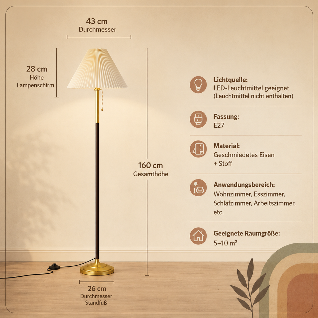 Stehlampe, Moderne Standlampe Vintage-Leselampe Minimalistische Plissé-Stehlampe für den Innenbereich Zuhause