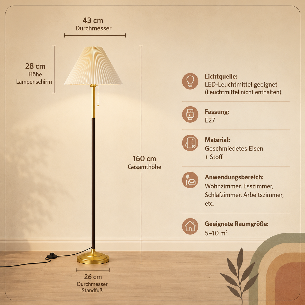 Stehlampe, Moderne Standlampe Vintage-Leselampe Minimalistische Plissé-Stehlampe für den Innenbereich Zuhause