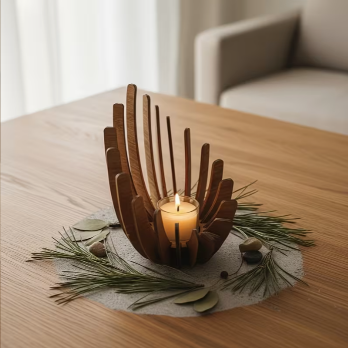 Tischdekoration 2er-Set Blazing Lotus Form Dekorative Teelichter Holzform, Handgefertigtes Aussehen, Atmosphäre für Zuhause
